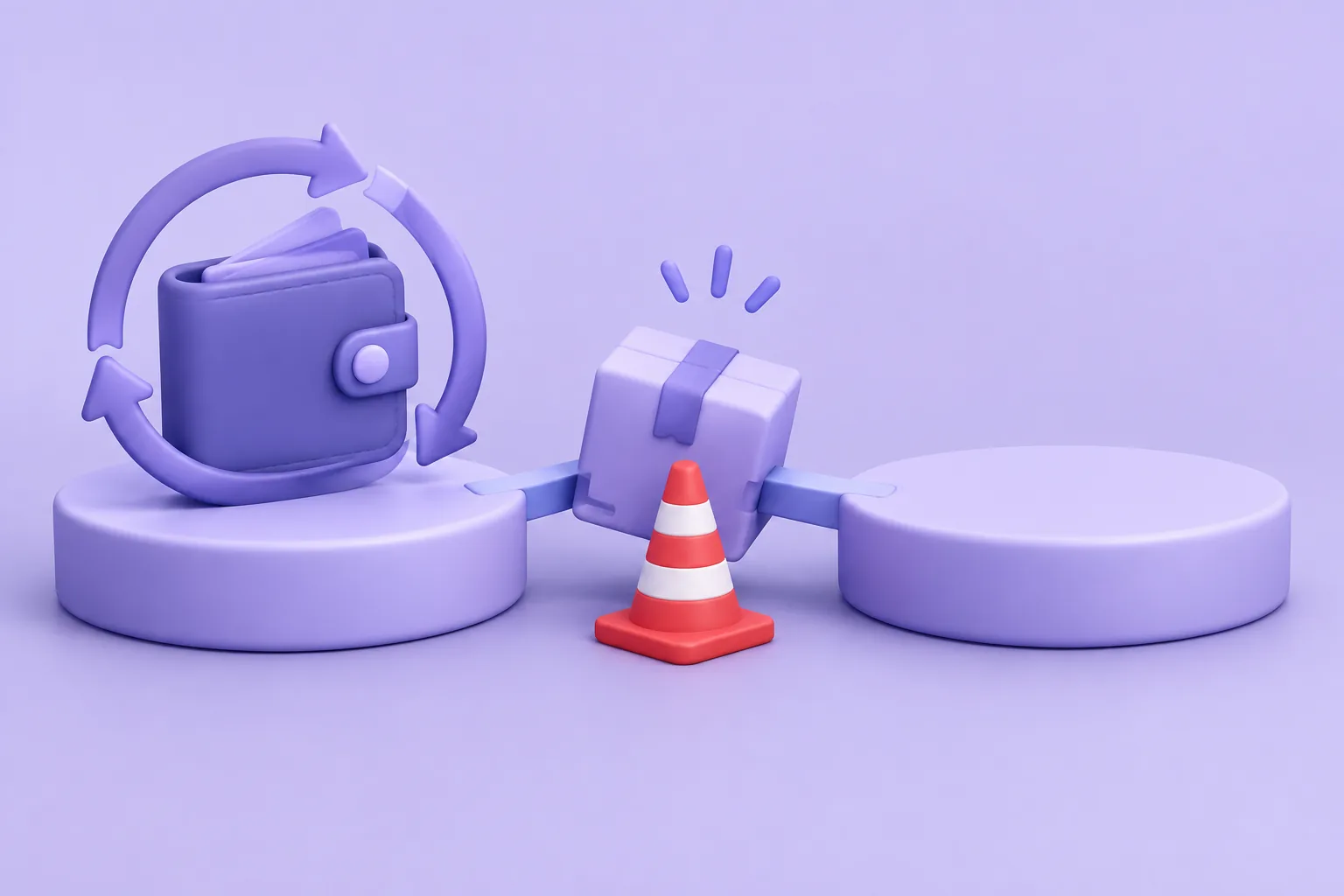 Illustration of a cartoon wallet and a stuck delivery between two platforms, representing a failed NFT transaction.