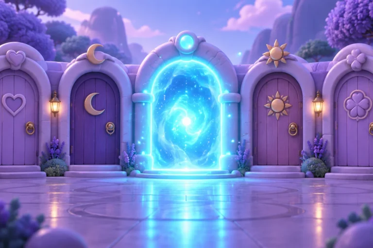 Illustration of five distinct arched doorways glowing softly in a dark arcade hall