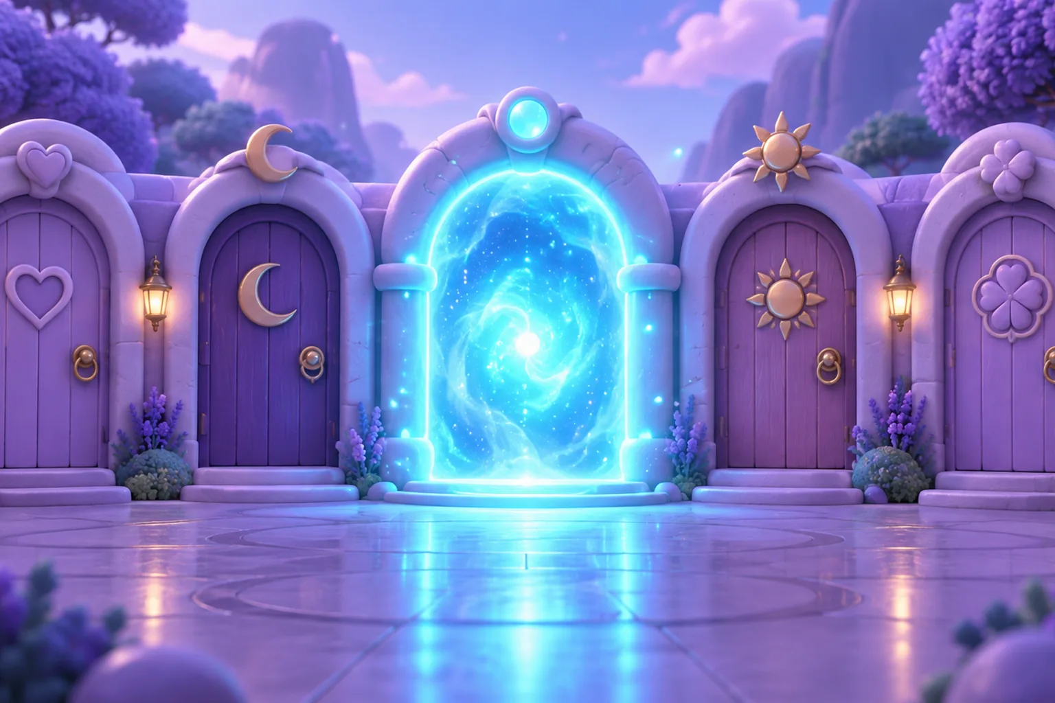 Illustration of five distinct arched doorways glowing softly in a dark arcade hall