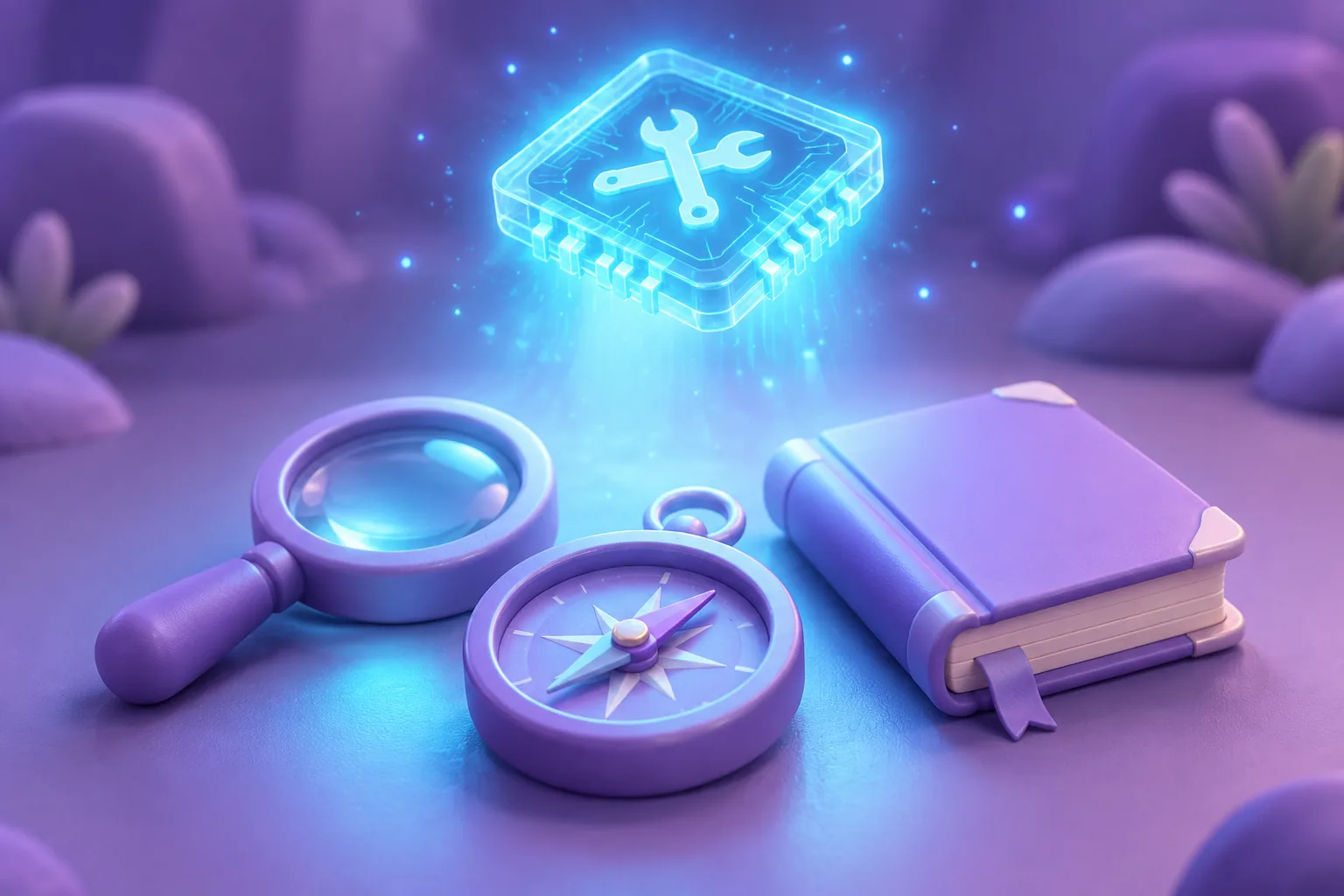 Illustration of a starter toolkit laid out on a dark workbench beside a glowing token