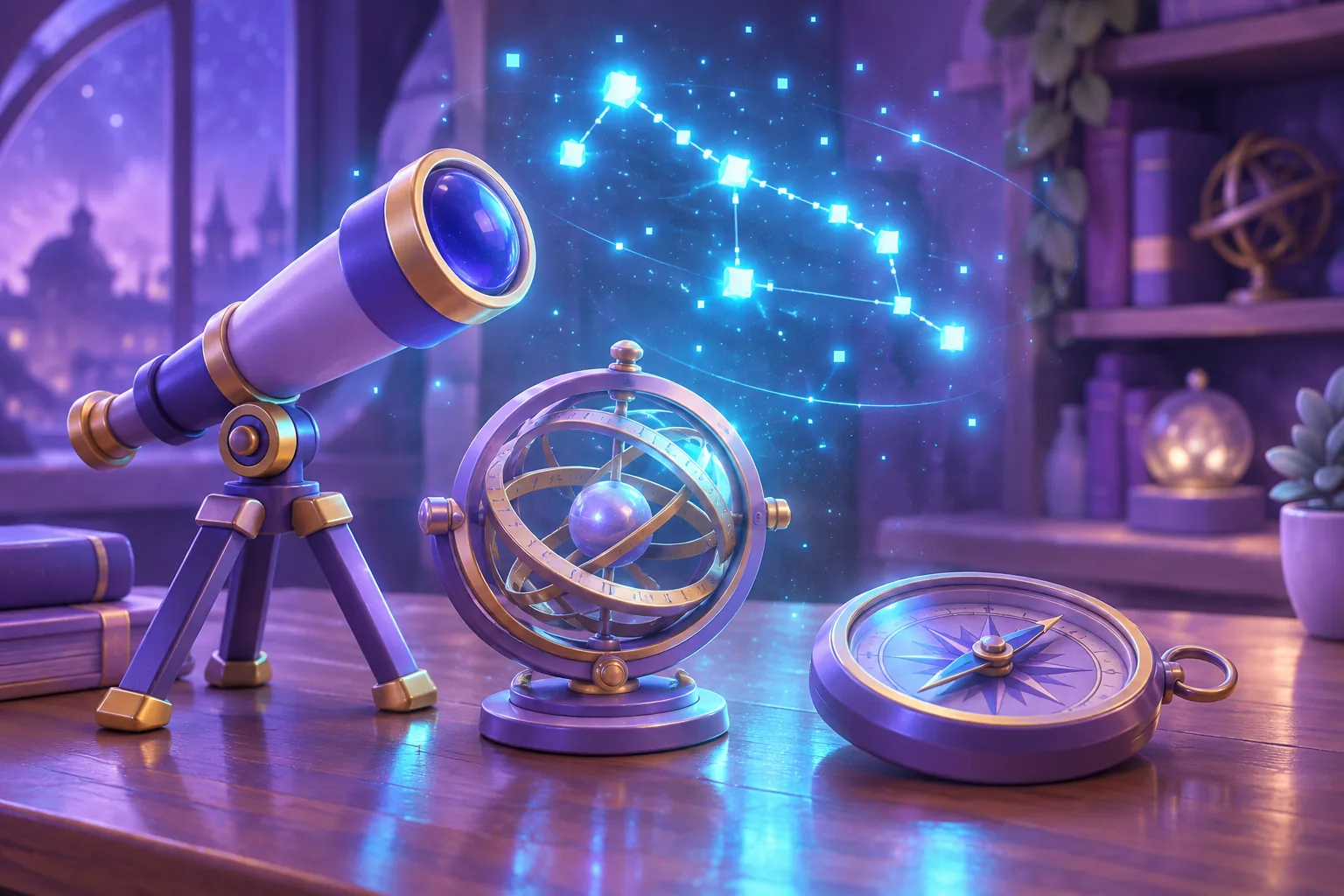 Illustration of observatory instruments — telescope, astrolabe, chronometer and a glowing orb — on a dark bench
