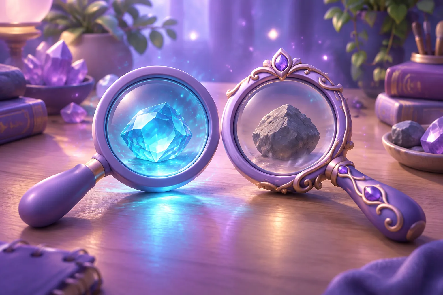 Illustration of a plain loupe and an ornate brass loupe flanking one glowing gem on a bench
