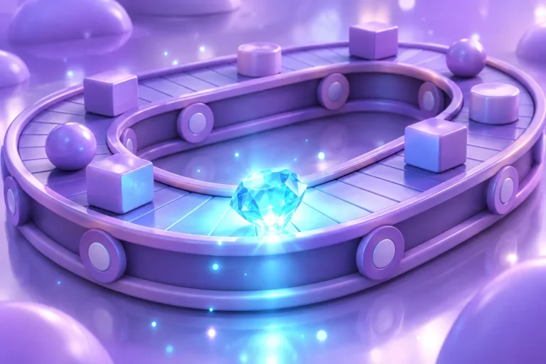 Illustration of a brass mechanism returning a glowing droplet in a loop