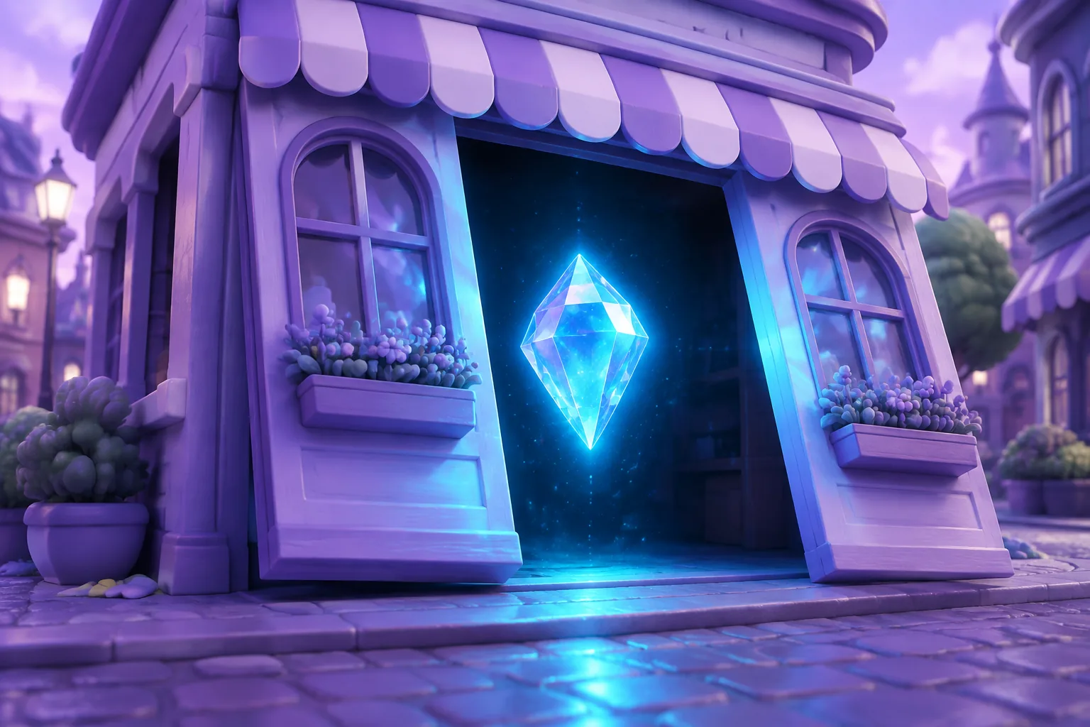 Illustration of a grand storefront revealed as a hollow stage-set facade, representing a fake NFT marketplace
