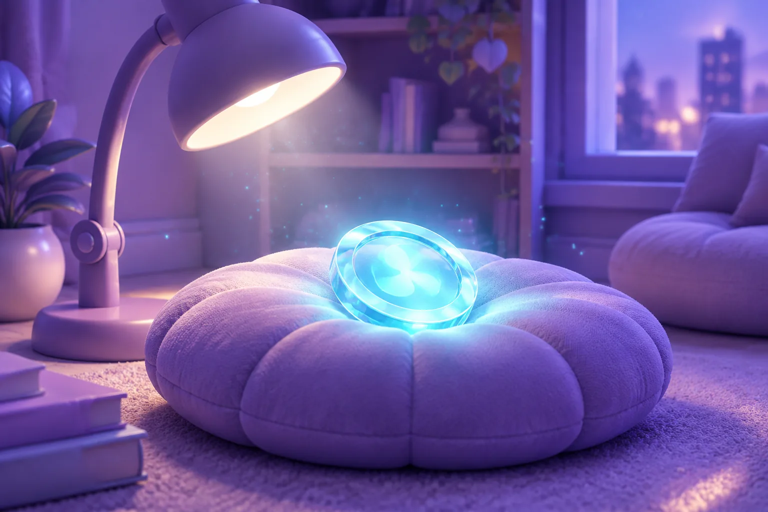 Illustration of a glowing token on a cushion under a brass lamp with a blank receipt card