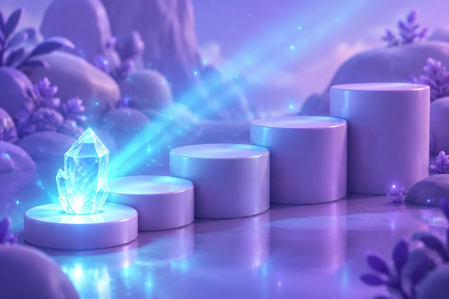 Illustration of a row of display plinths descending to one glowing cube on the lowest plinth
