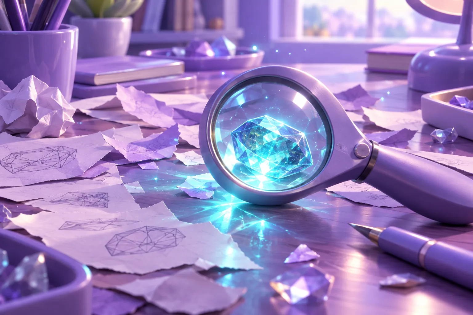 Illustration of a dimmed gem among scattered paper scraps and an overturned cup