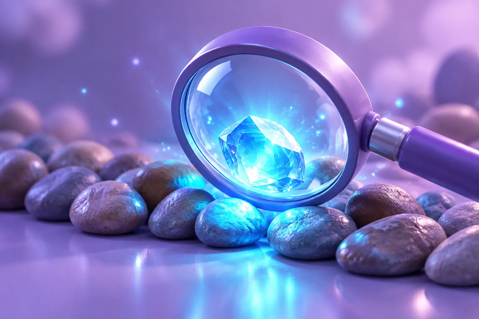 Illustration of a glowing gem under a brass loupe on a dark appraiser's table