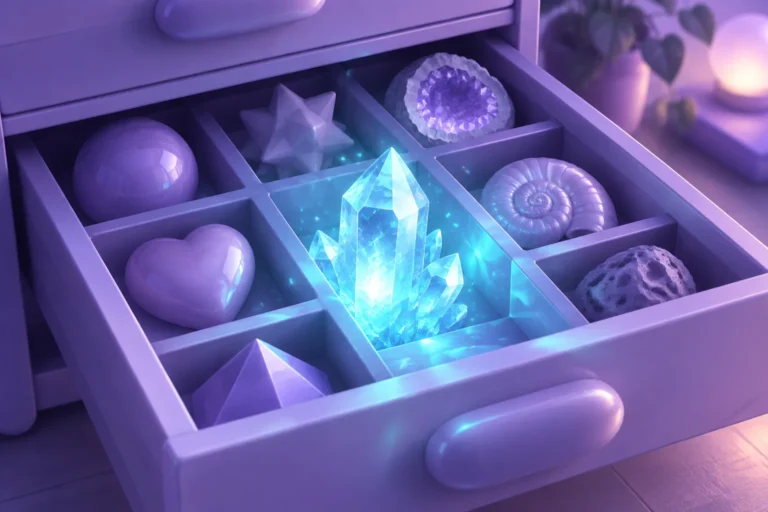 Illustration of an open specimen drawer with glowing artifacts in velvet compartments