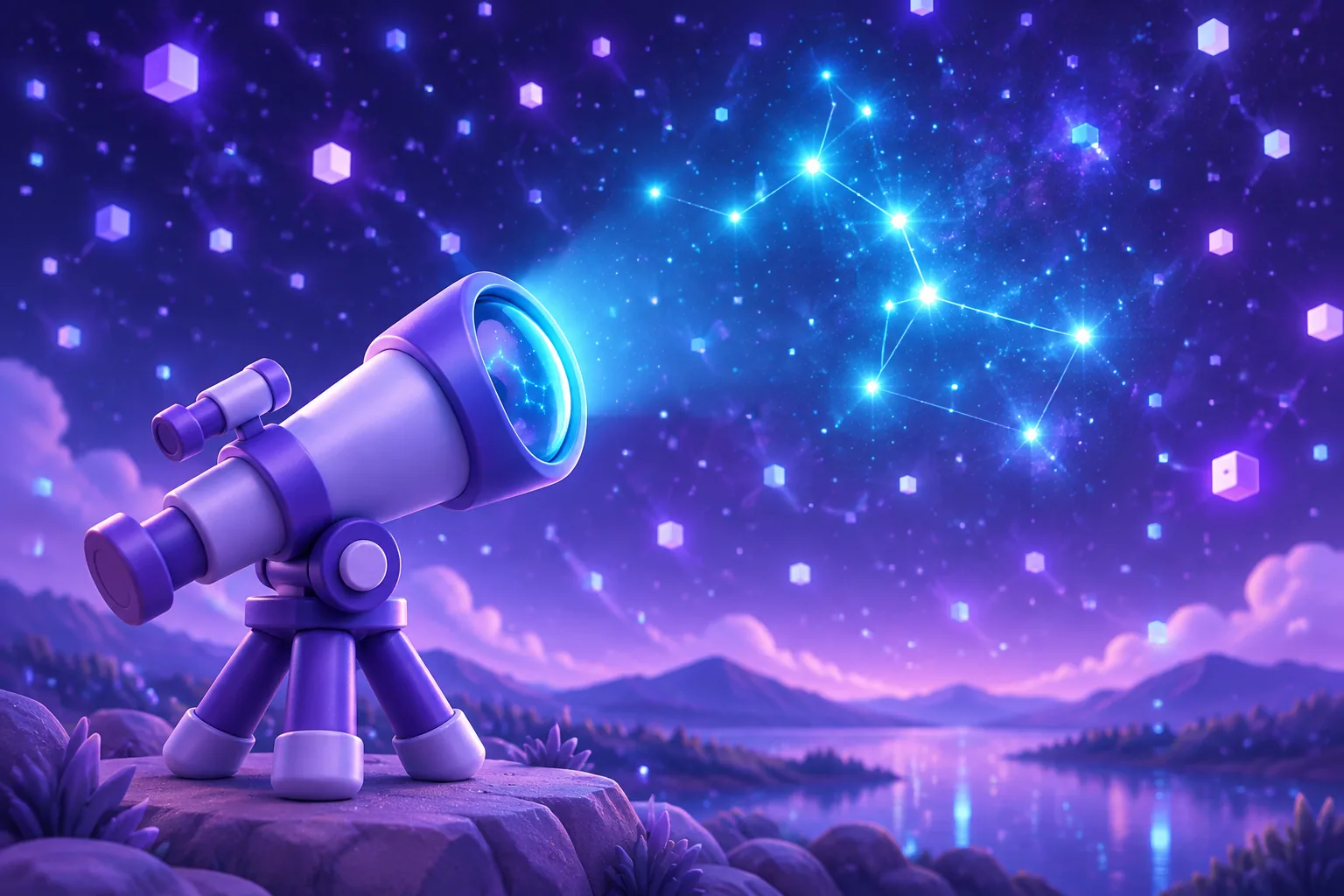 Illustration of a telescope aimed at a constellation of connected glowing points