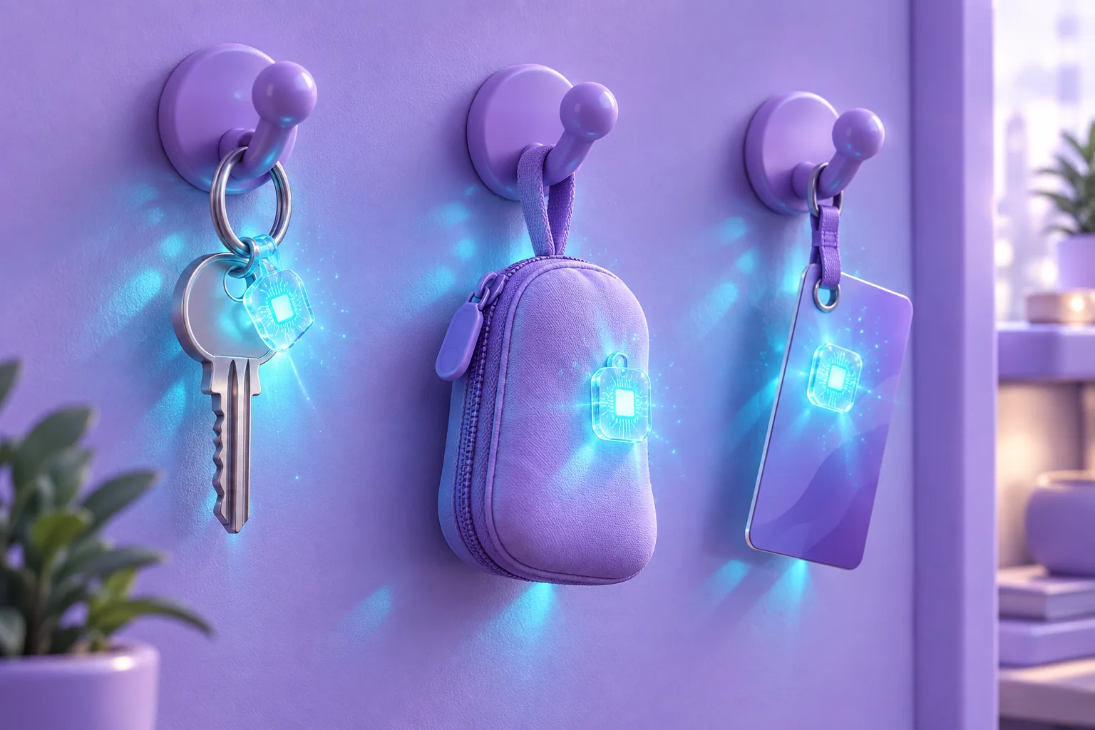 Illustration of three wall hooks holding a key, a leather fob and a glowing token