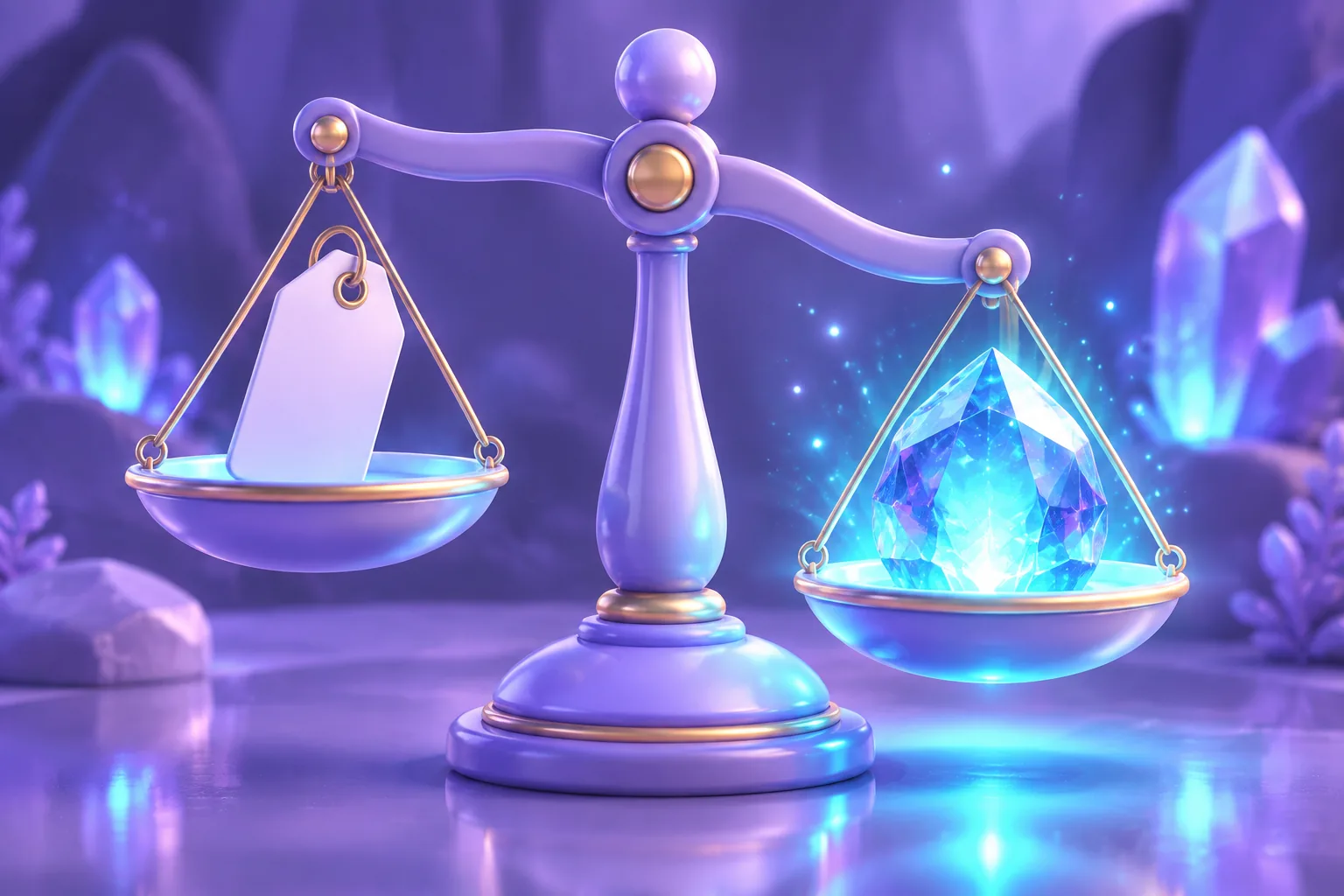 Illustration of a brass balance scale weighing a glowing token against a blank tag