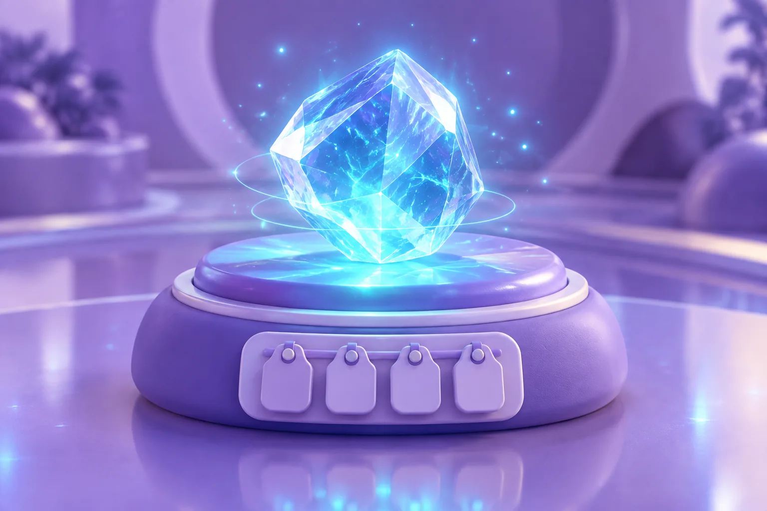 Illustration of a glowing gem on a specimen mount with blank brass plaques and a magnifier