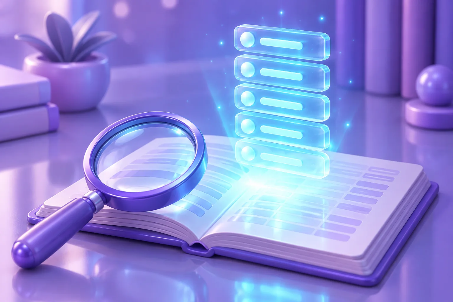Illustration of a brass magnifier over an open ledger with glowing tokens