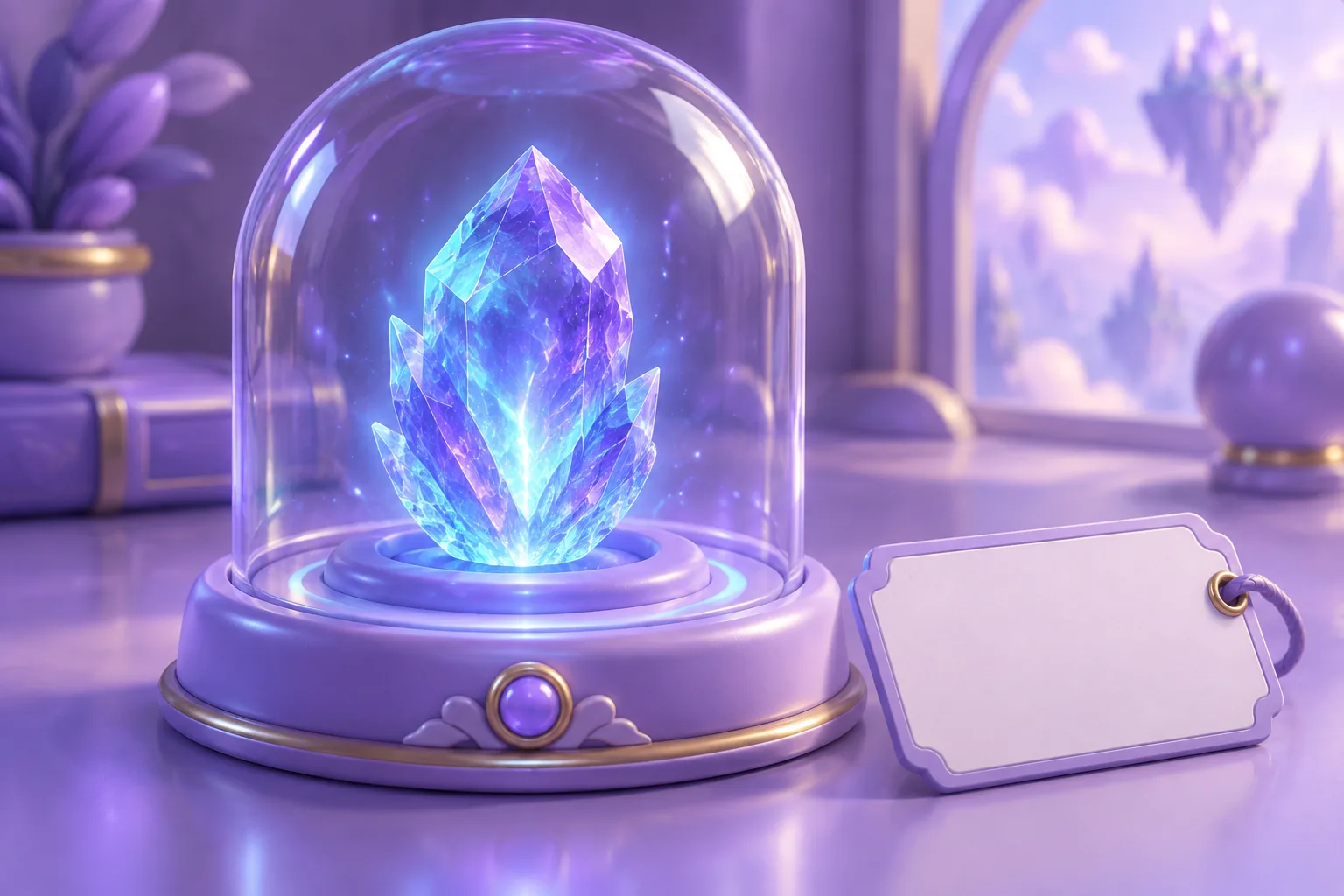 Illustration of a glowing artifact under a glass dome beside an empty tag stand