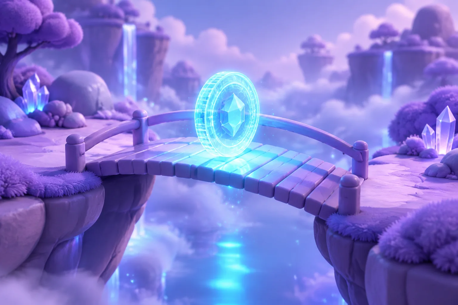 Illustration of a glowing token resting on a bridge between two vault doorways