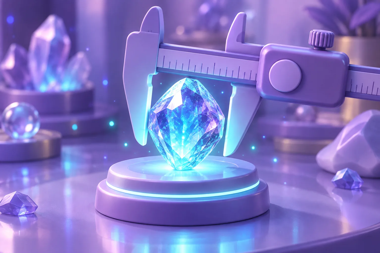 Illustration of brass calipers measuring a glowing gem beside a gauge and ledger