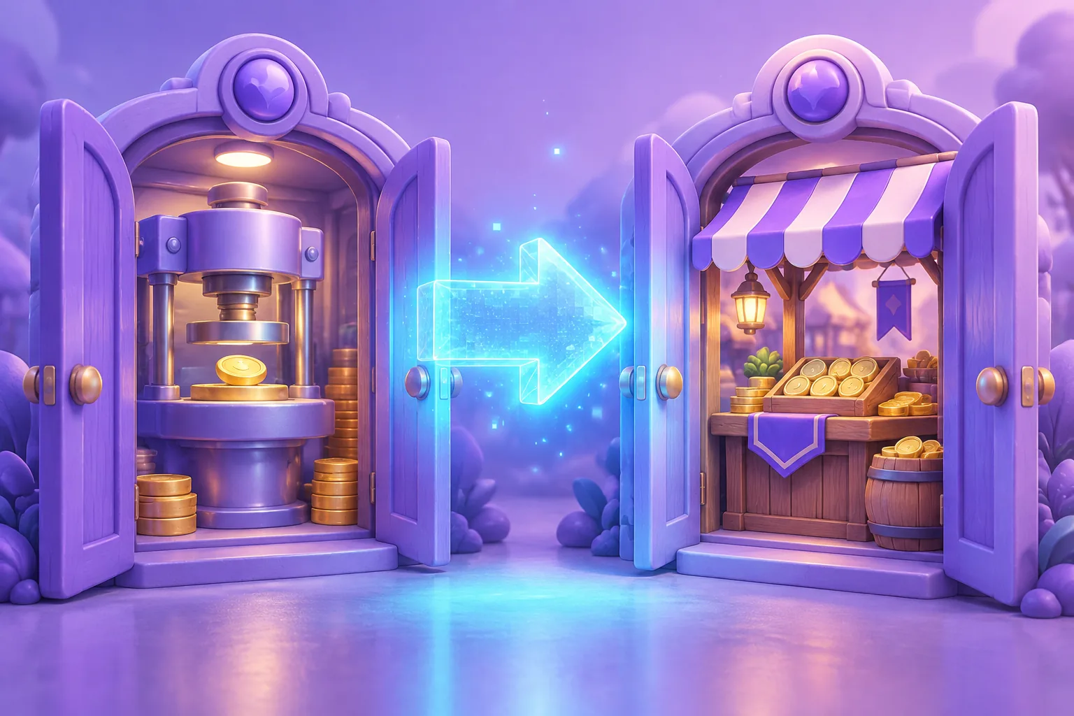 Illustration of two doorways — a glowing mint forge and a cool gallery — in one hall