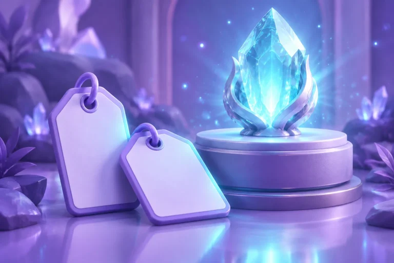 Illustration of two blank brass tags beside a glowing artifact on a marble counter