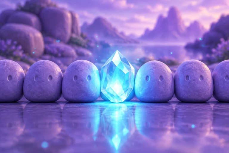 Illustration of one glowing gem among a row of identical grey stones in a display tray