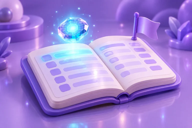 Illustration of an open ledger with a glowing token entry and a brass seal stamp on a dark desk