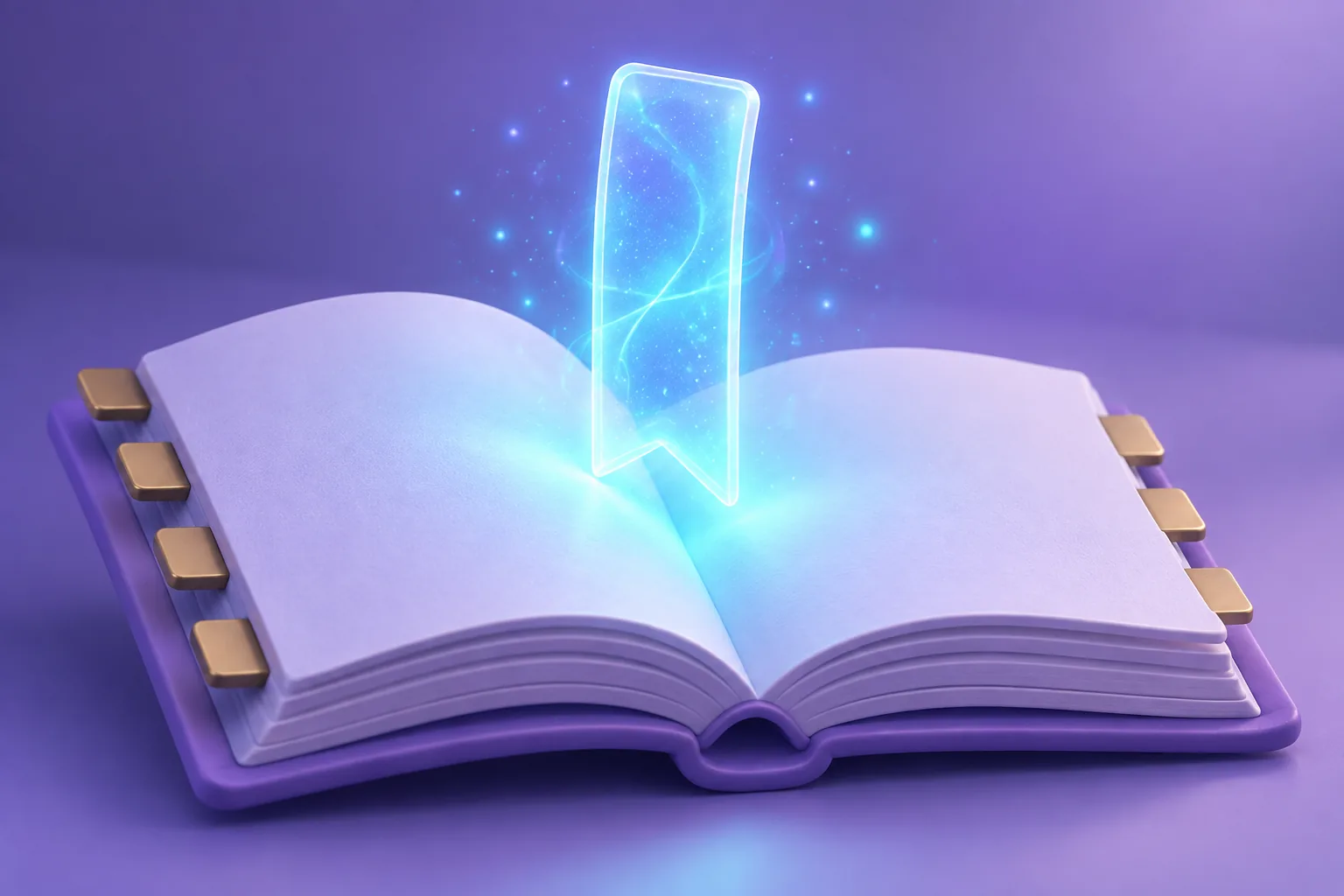 Illustration of an open reference book with blank brass tab markers under a lamp