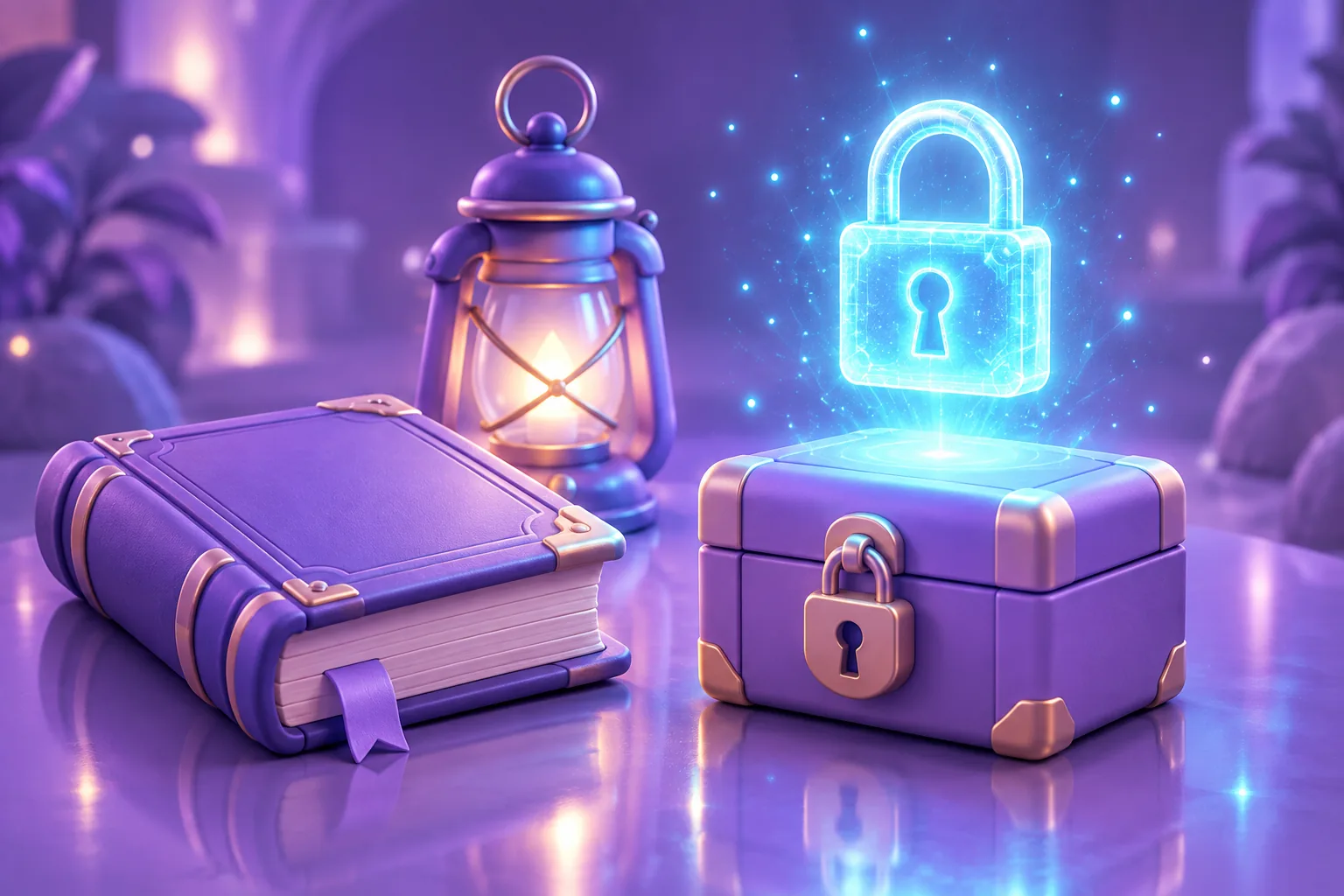 Illustration of a ledger, lantern and locked key box on a desk inside a vault, representing ongoing NFT wallet safety management