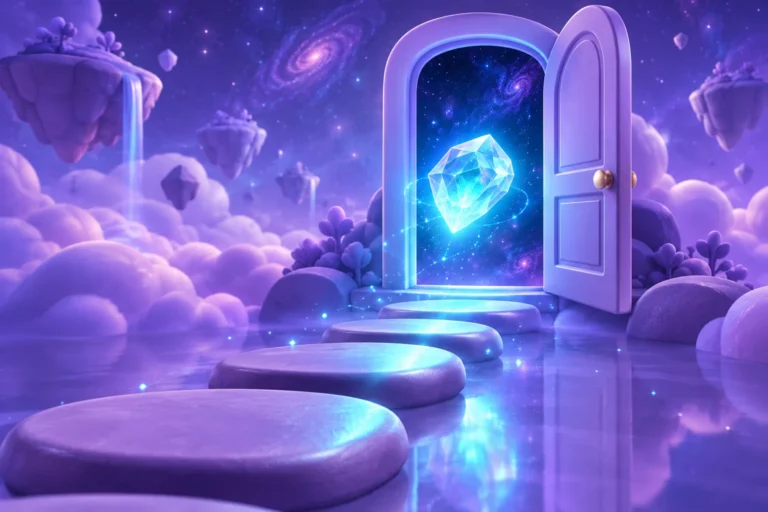 Illustration of a glowing doorway opening into a dark observatory hall with a small glowing token on a plinth