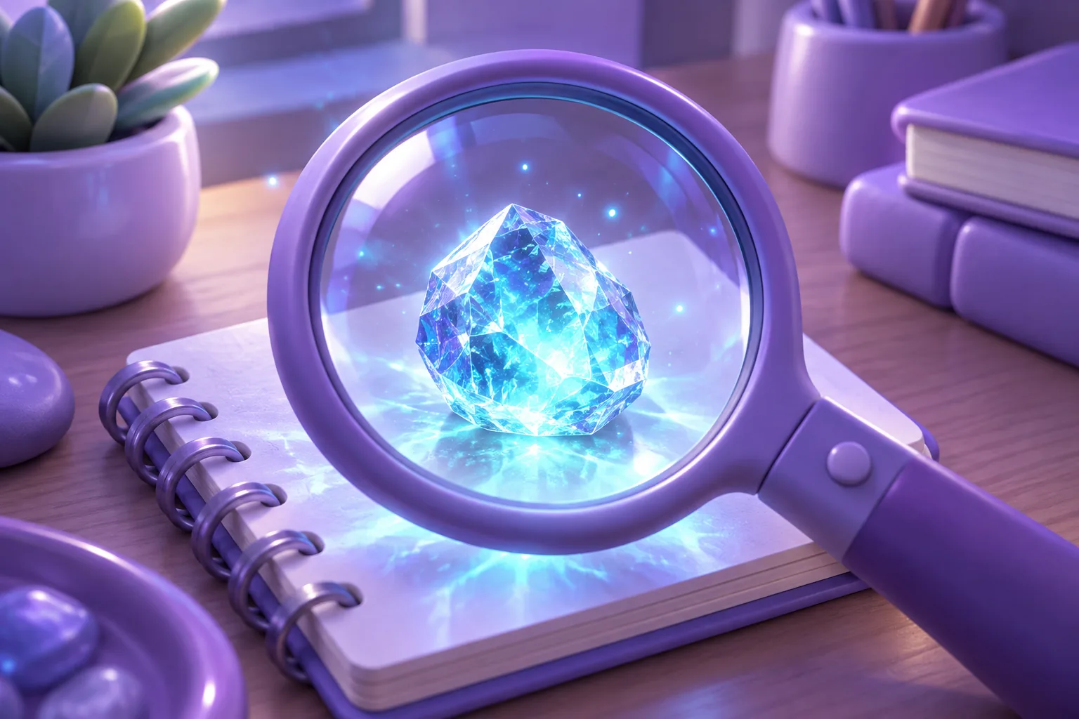 Illustration of a magnifying loupe over a glowing token on dark charts beside a notebook, representing researching an NFT before buying