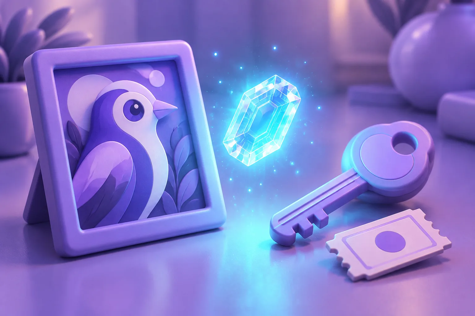 Illustration of a framed bird portrait and a brass key standing on twin marble plinths