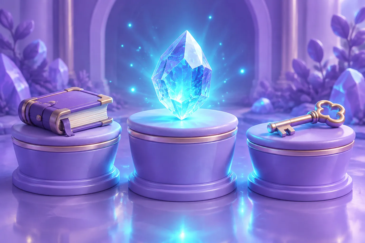 Illustration of three plinths — glowing token, open ledger, closed case — linked by a trail of light