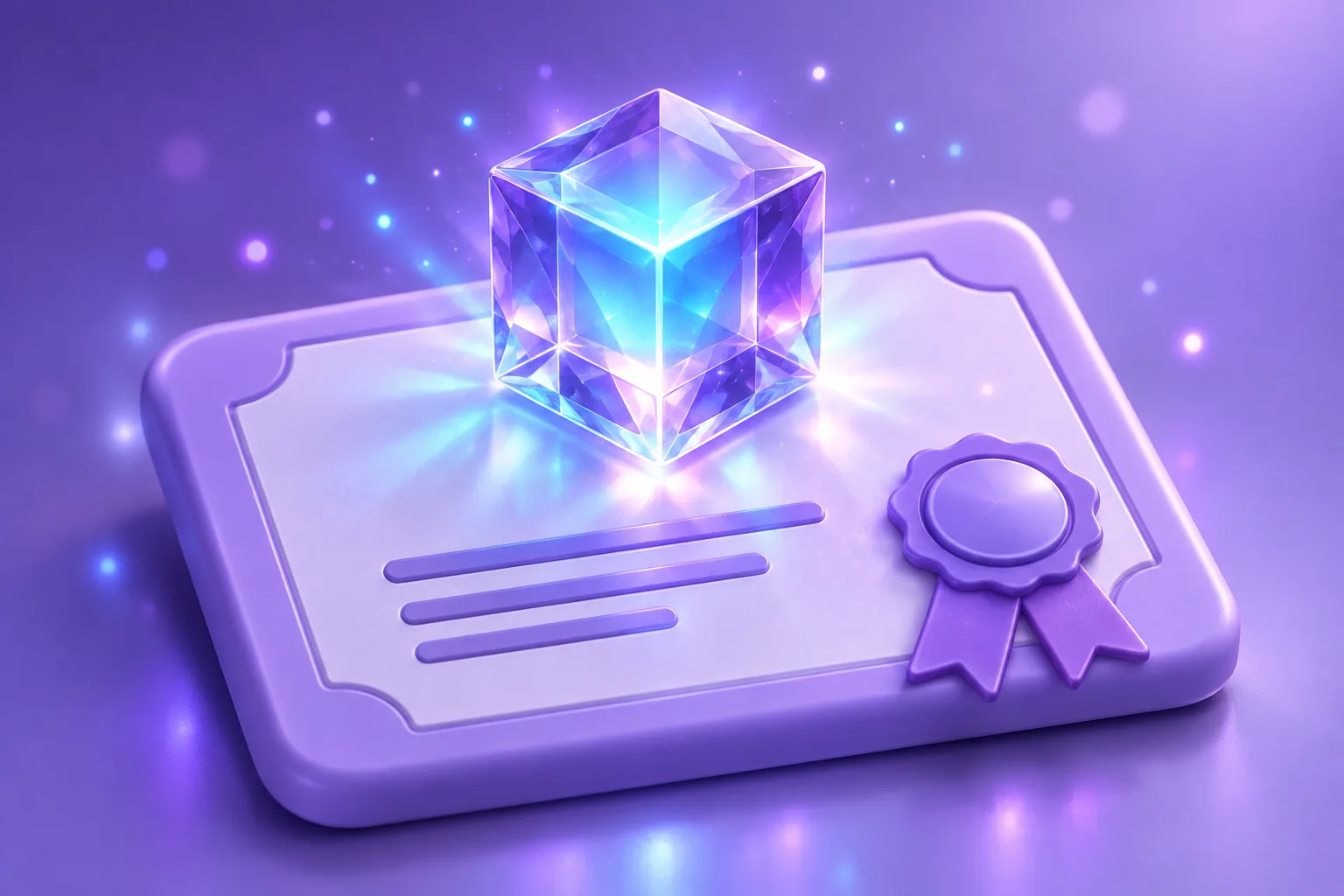 Illustration of a brass certification tile with a glowing fingerprint seal chained to a ledger, representing blockchain proof of NFT ownership