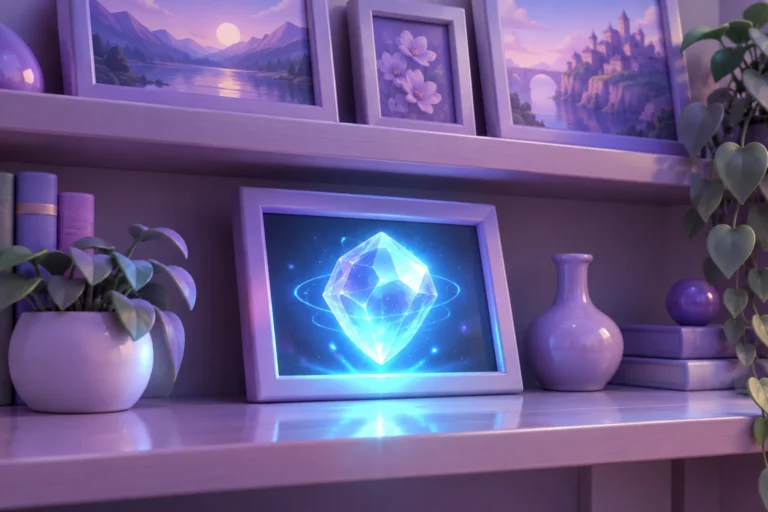 Illustration of a tall shelf of frames with one glowing cube on the lowest shelf