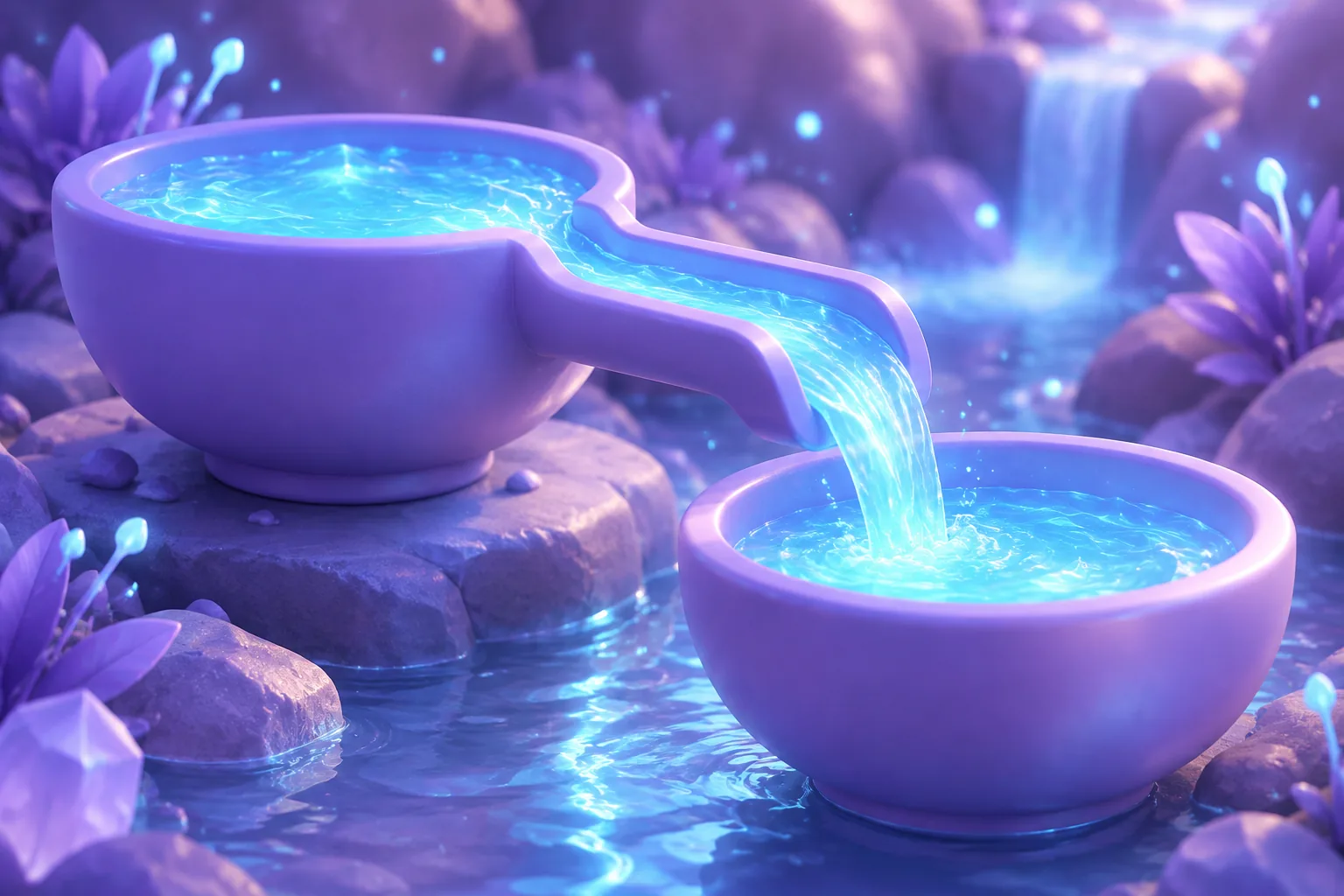 Illustration of glowing teal liquid flowing between two marble basins in a dark hall