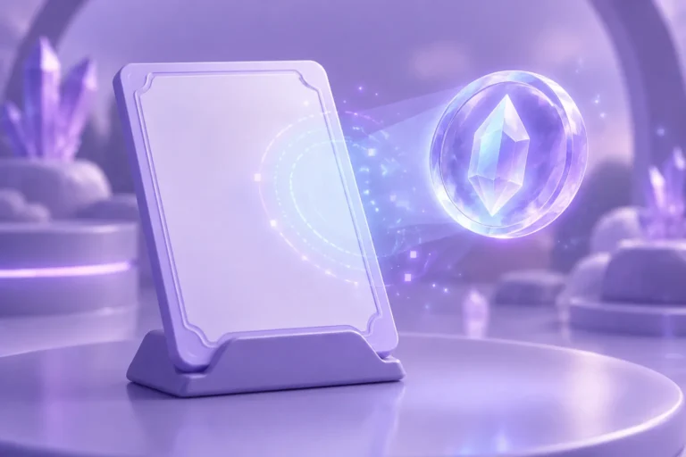 Illustration of a glowing token displayed beside a blank record card in a museum case