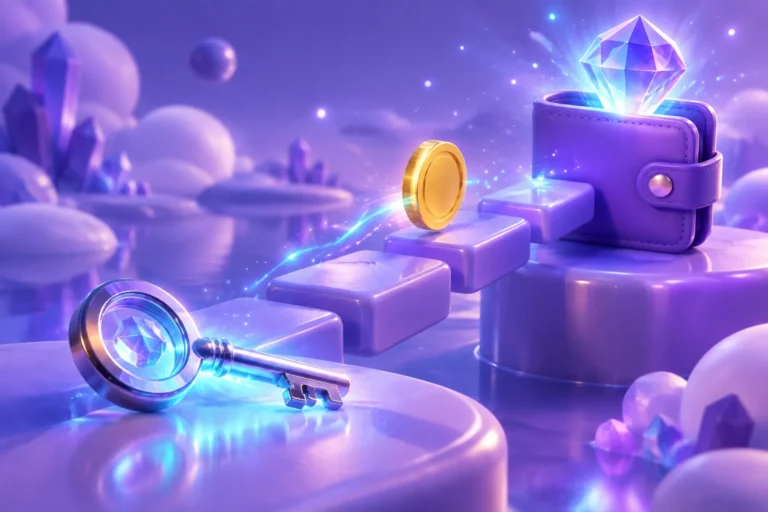 Illustration of a gold coin travelling a block-tile path into a violet wallet that emits a small teal gem