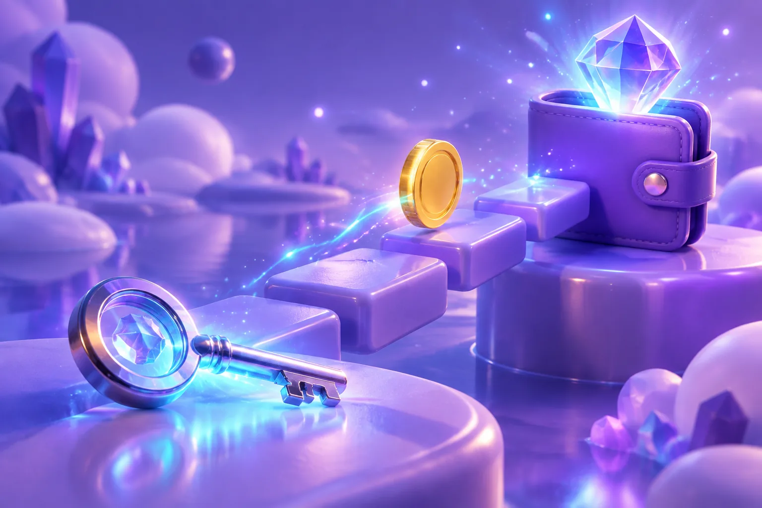 Illustration of a gold coin travelling a block-tile path into a violet wallet that emits a small teal gem