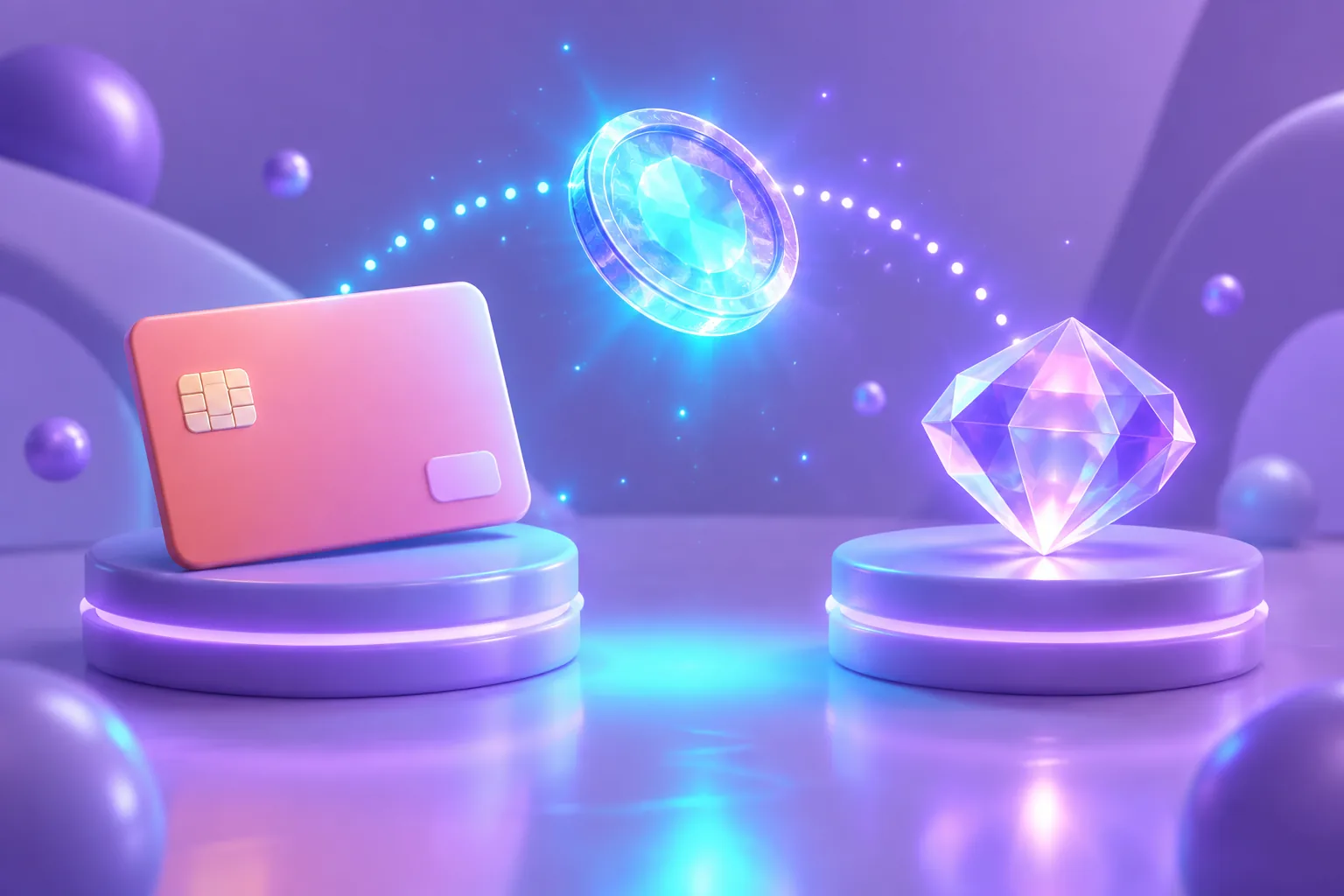 Illustration of a blank coral card and a glowing teal gem on pedestals linked by a dotted arc, above a diagram rail