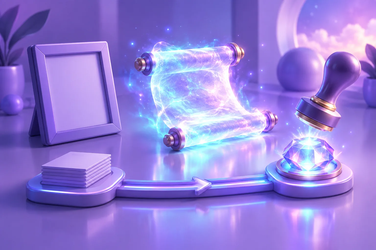 Illustration comparing a plain picture frame with a glowing gem token being stamped on a pedestal, above a three-step diagram rail