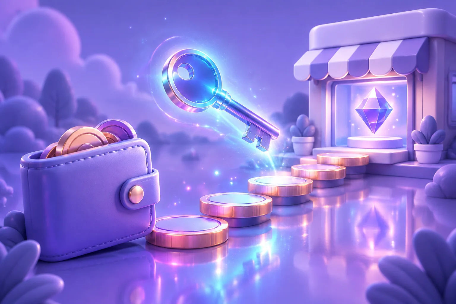 Illustration of a coin-step block path leading from a violet wallet to a generic storefront displaying a teal gem