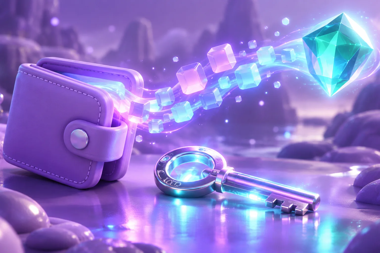 Illustration of a violet wallet sending a glowing gradient block trail toward a teal gem token on a pedestal