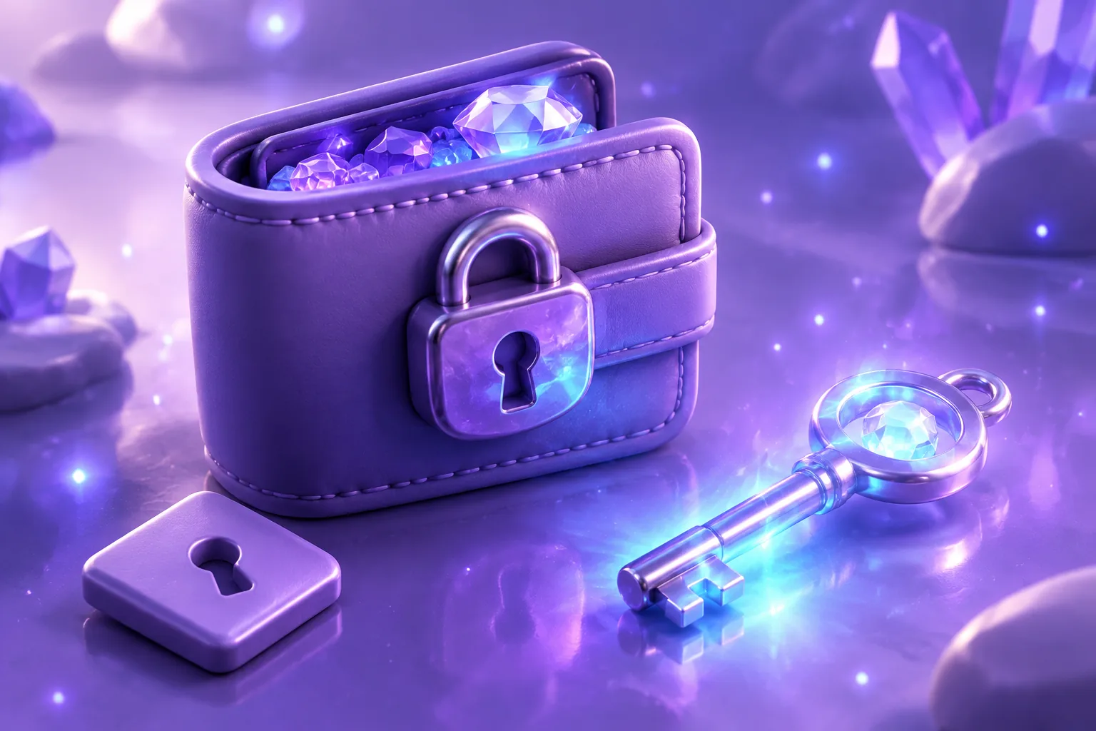 Illustration of a locked violet wallet with teal gems visible inside and a key tile lying nearby, above a lock-key-check diagram rail