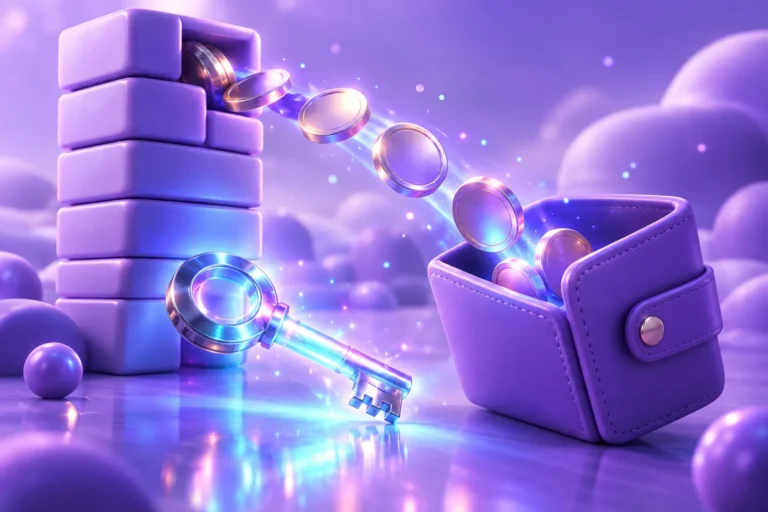 Illustration of coins rolling from a stacked block tower along a tile path into an open violet wallet