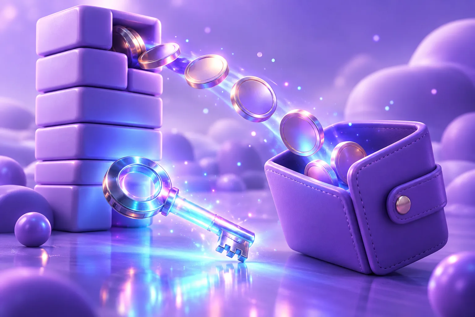 Illustration of coins rolling from a stacked block tower along a tile path into an open violet wallet