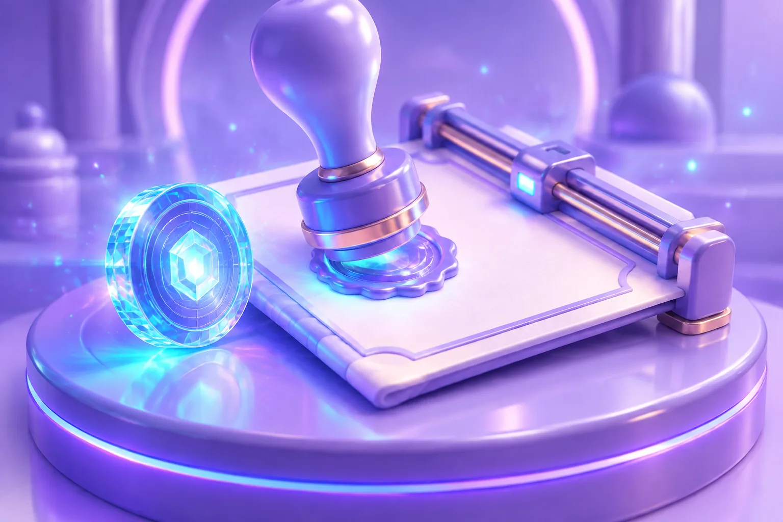 Illustration of a sealed certificate being stamped on a pedestal while a gem token looks on, above a three-step diagram rail