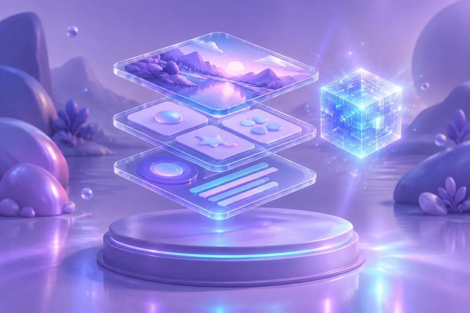 Illustration of three stacked layers — a token, a metadata card and an image panel — linked together