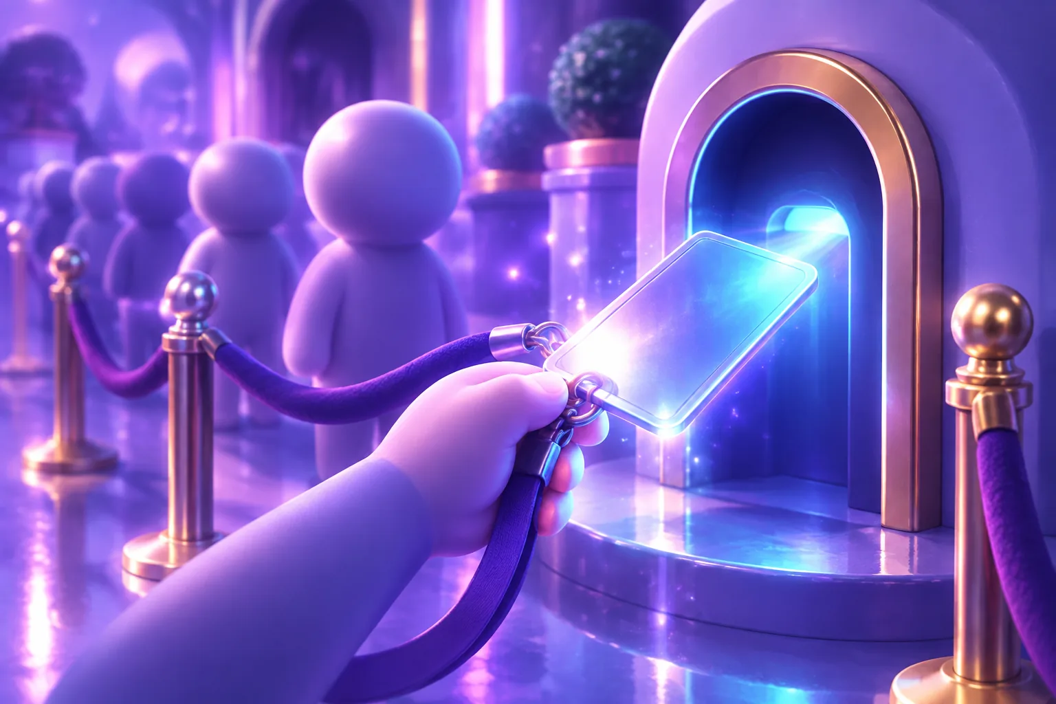 Illustration of a gated pathway with a small queue of tokens waiting at a mint portal