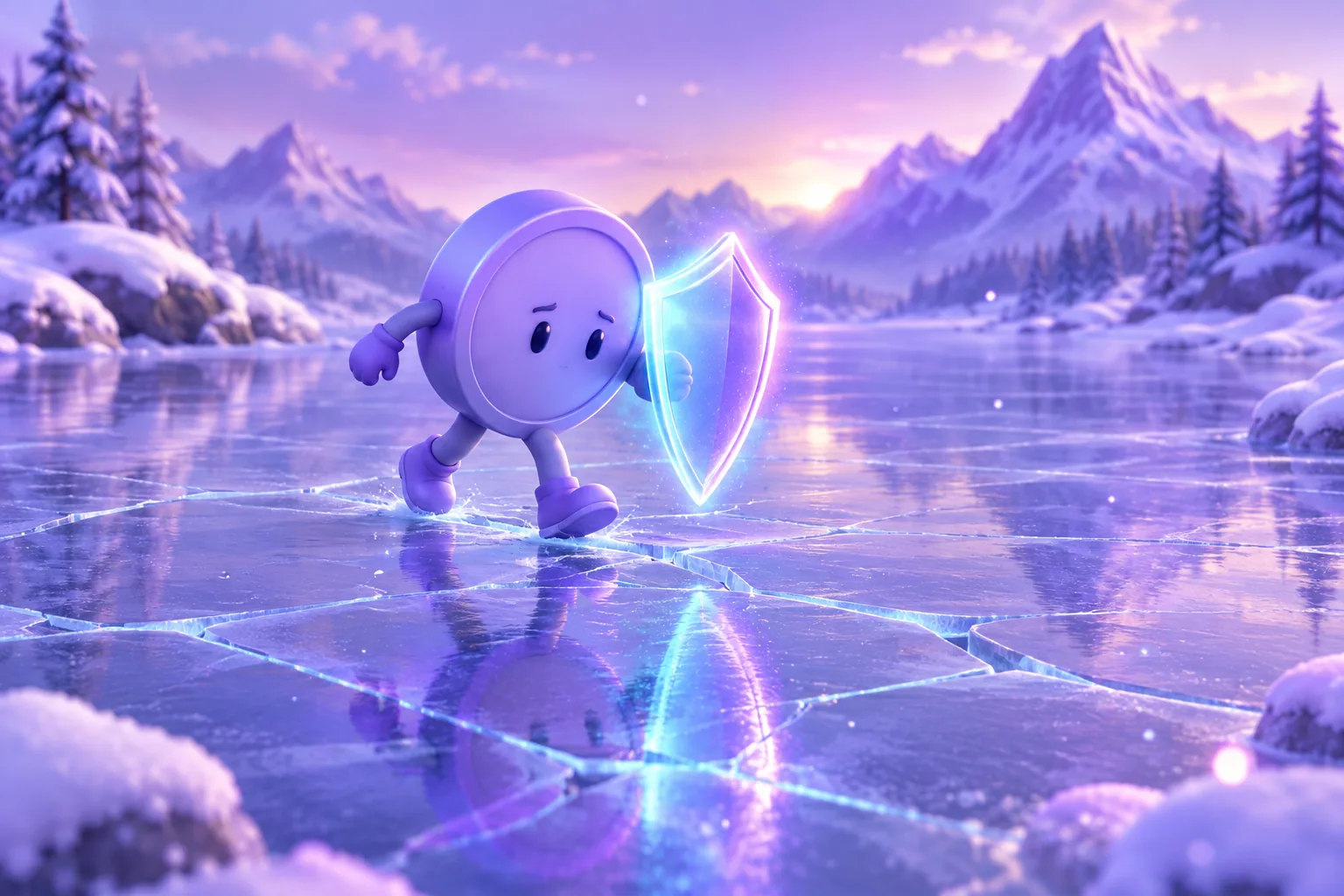 Illustration of a gem token standing on an ice patch with fine cracks radiating outward