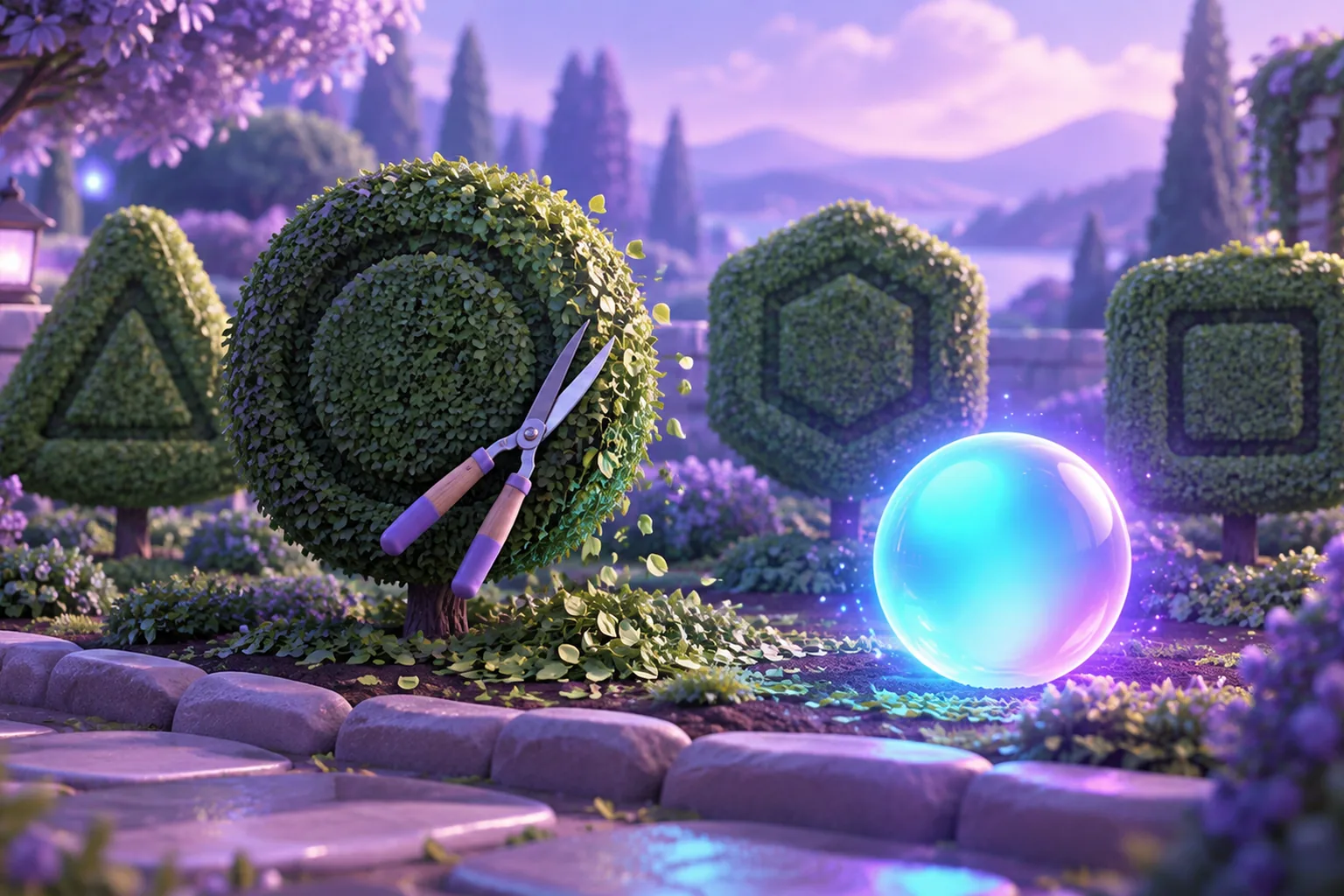 Illustration of pruning shears trimming an overgrown collection of gem tokens in pots