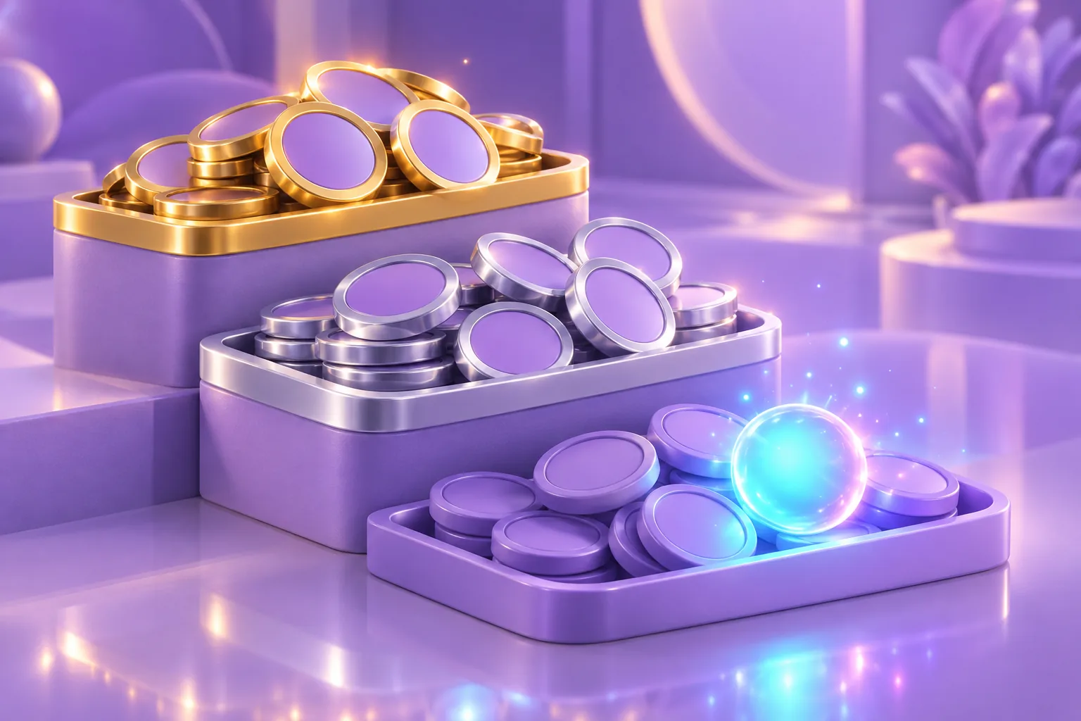 Illustration of three storage tiers — pouch, drawer and vault — holding glowing art tiles